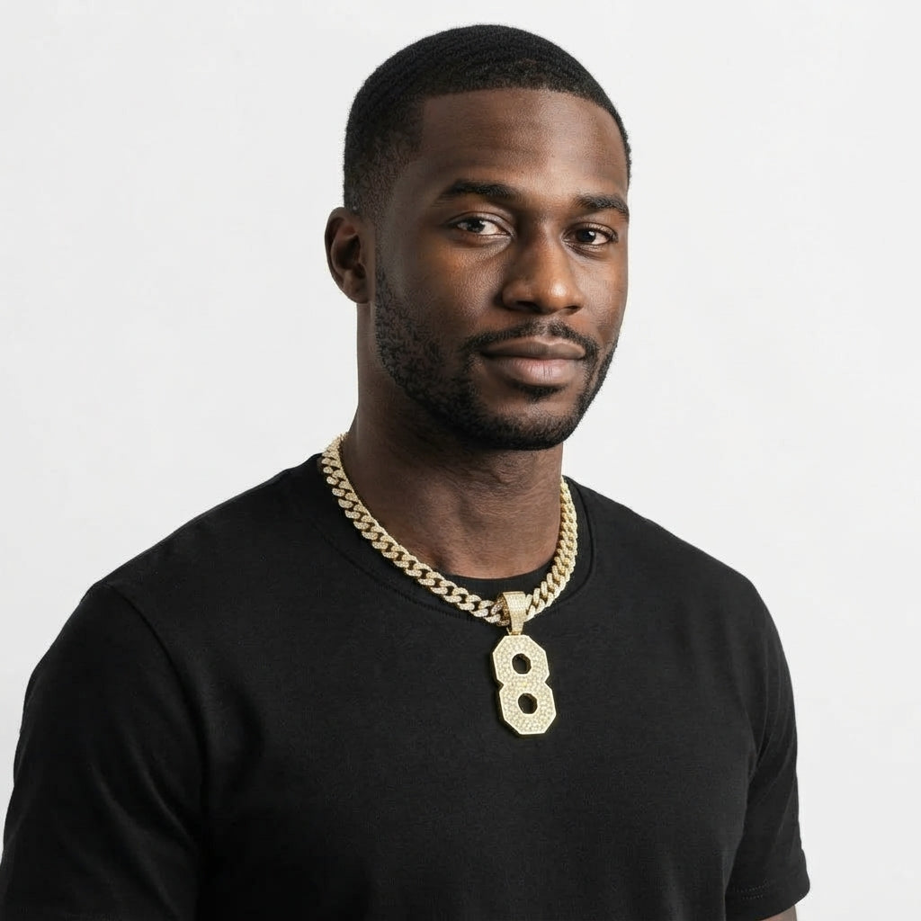 Iced Out Number 8 Pendant Necklace on Cuban Link Chain – Jersey-Style Numeral with Octagon Cutouts | Silver or Gold