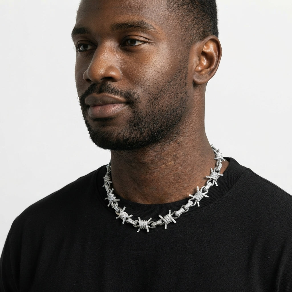 Barbed Wire Chain Necklace – Iced Out Clear Stone Thorn Link Design, Silver & Gold