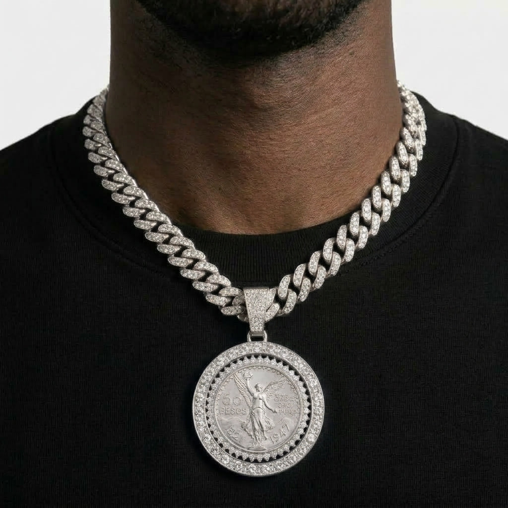 Iced Out Centenario 50 Pesos Coin Pendant Necklace on Cuban Link Chain – Replica Coin in Stone-Set Bezel | Gold or Silver