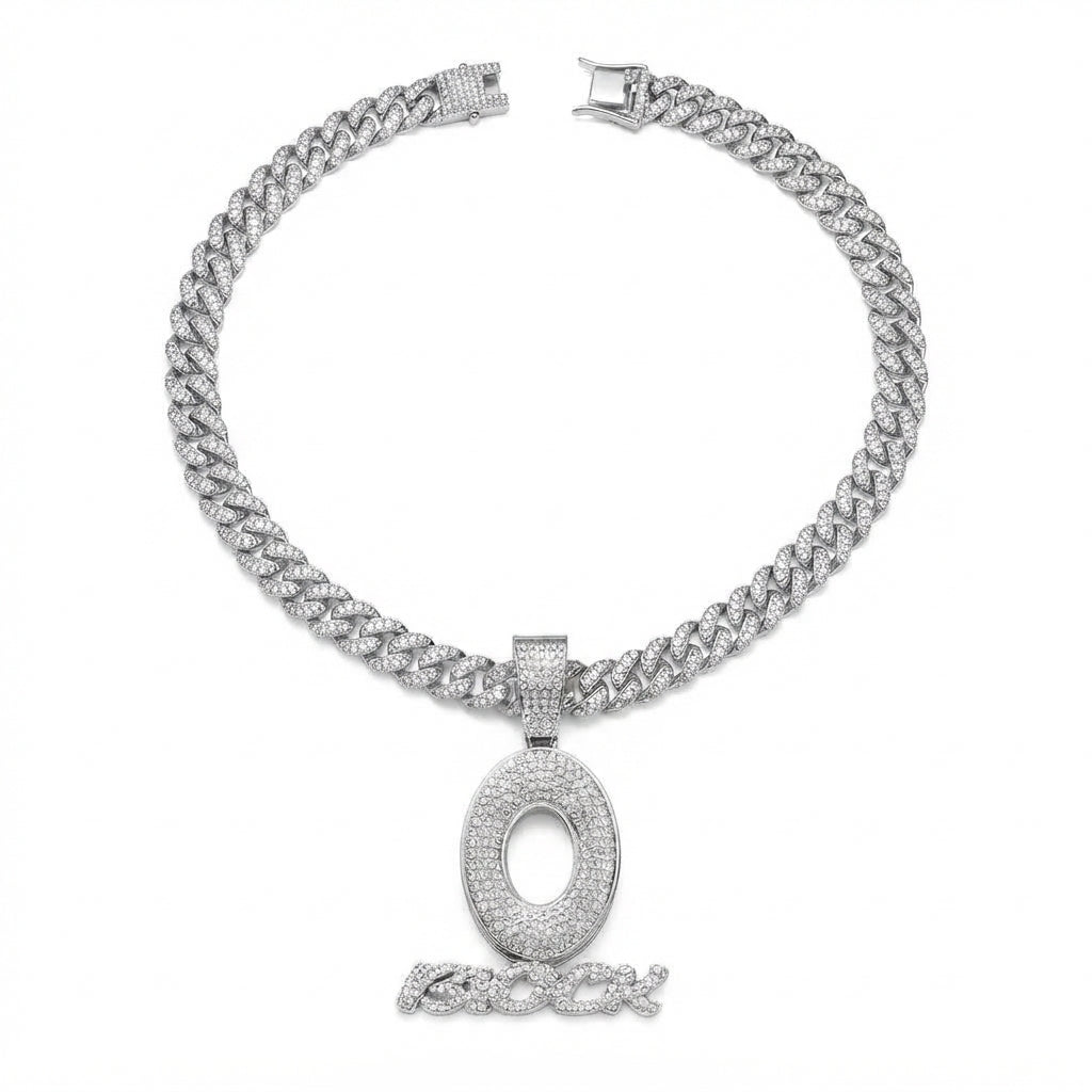 Iced Out O Block Pendant Necklace on Cuban Link Chain – Oversized Open O with Script Lettering | Silver or Gold