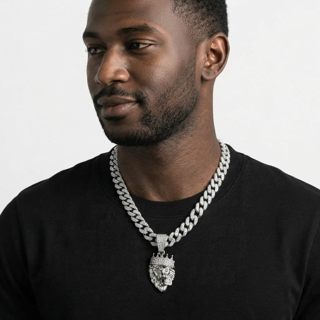 Iced Out Crowned Lion Head Pendant Necklace on Cuban Link Chain – Roaring Lion with Stone-Set Crown | Silver or Gold