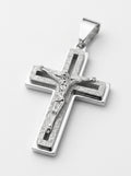 Crucifix Cross Pendant – Layered Design with Polished Frame, Textured Sparkle Center & Open Cutout, Religious Jewelry | Silver