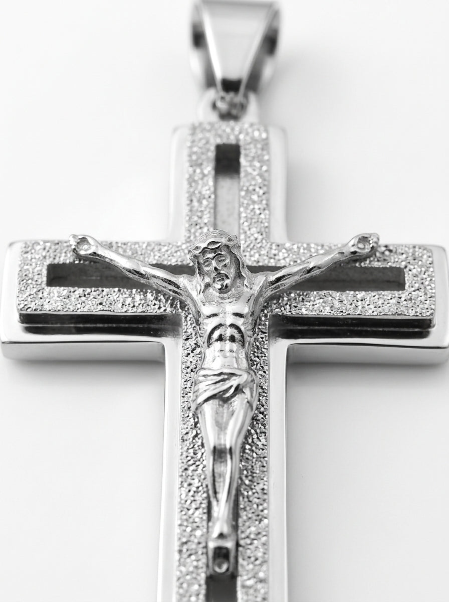 Crucifix Cross Pendant – Layered Design with Polished Frame, Textured Sparkle Center & Open Cutout, Religious Jewelry | Silver