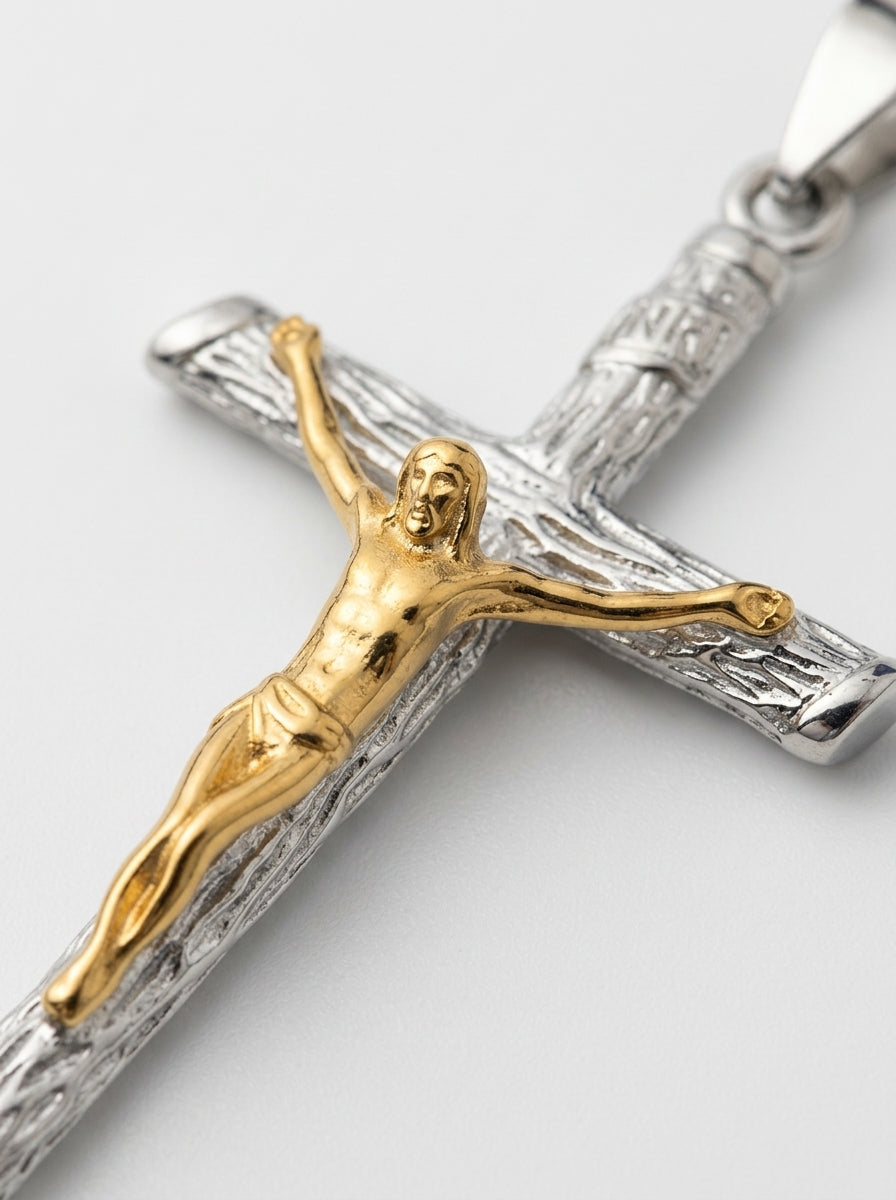 Crucifix Cross Pendant – Gold-Tone Christ Figure on Silver Wood-Grain Textured Cross, Religious Jewelry | 42 x 22mm