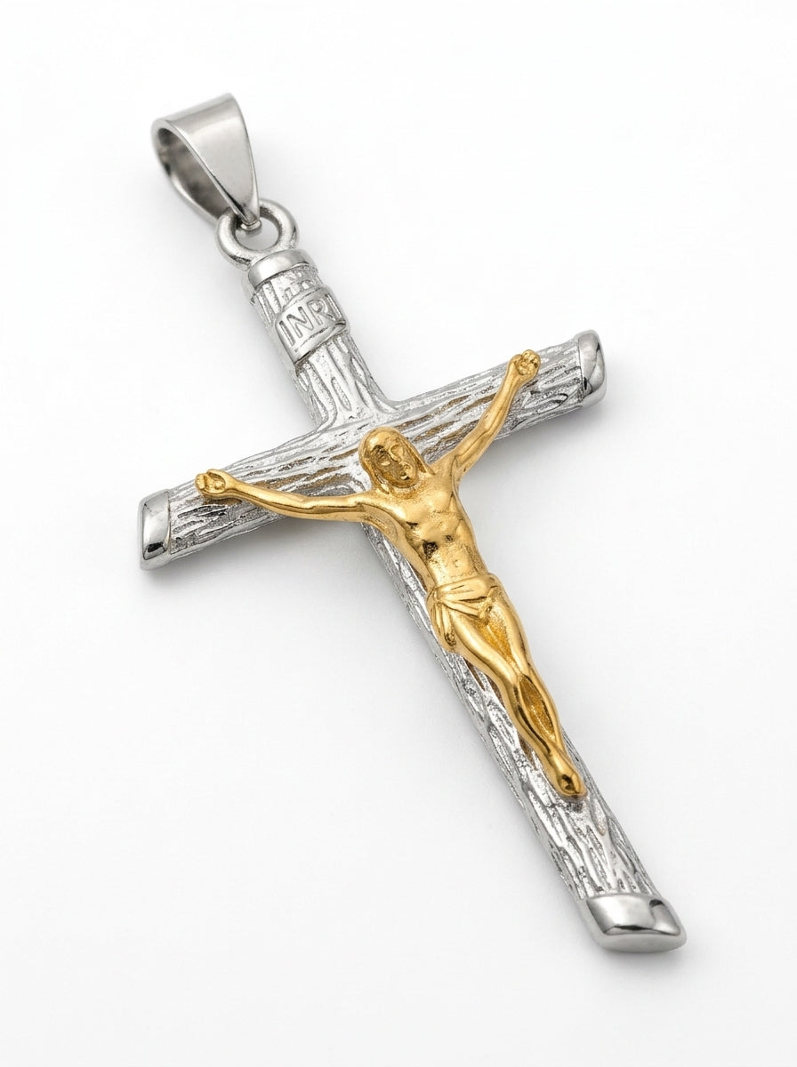 Crucifix Cross Pendant – Gold-Tone Christ Figure on Silver Wood-Grain Textured Cross, Religious Jewelry | 42 x 22mm