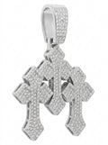 Iced Out Triple Cross Pendant – Three Stacked Crosses with Notched Arms, Fully Stone-Set, Religious Jewelry | Silver