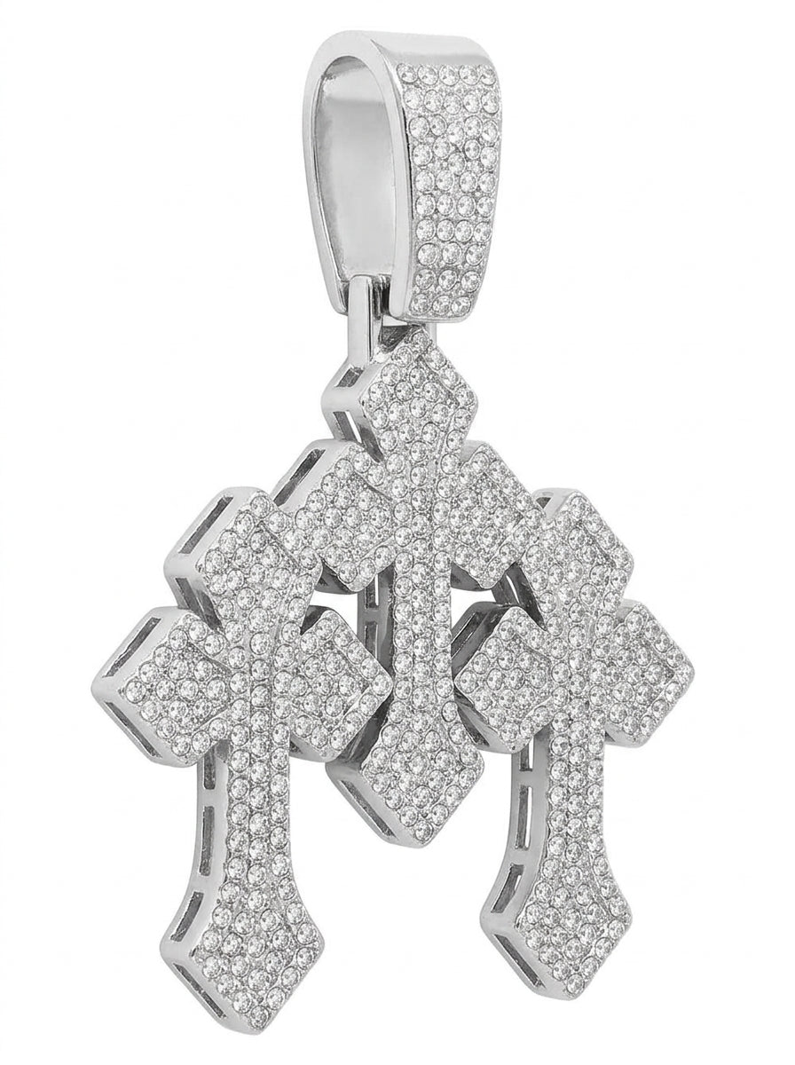 Iced Out Triple Cross Pendant – Three Stacked Crosses with Notched Arms, Fully Stone-Set, Religious Jewelry | Silver