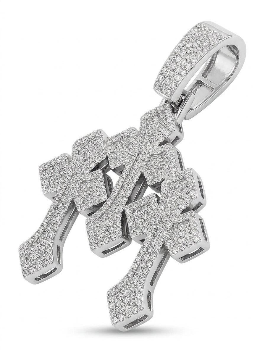 Iced Out Triple Cross Pendant – Three Stacked Crosses with Notched Arms, Fully Stone-Set, Religious Jewelry | Silver