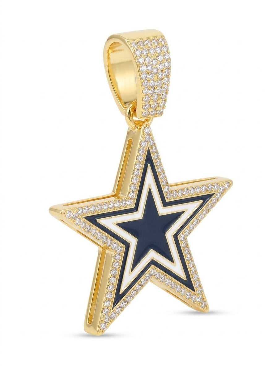 Dallas Cowboys Iced Out Star Pendant – Navy & White Enamel Star Logo with Stone-Set Border | Silver