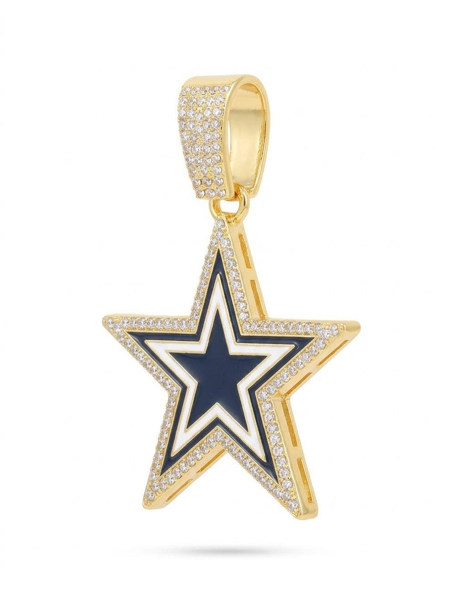 Dallas Cowboys Iced Out Star Pendant – Navy & White Enamel Star Logo with Stone-Set Border | Silver