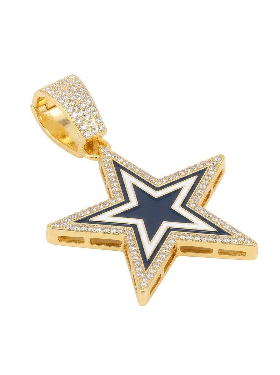 Dallas Cowboys Iced Out Star Pendant – Navy & White Enamel Star Logo with Stone-Set Border | Silver