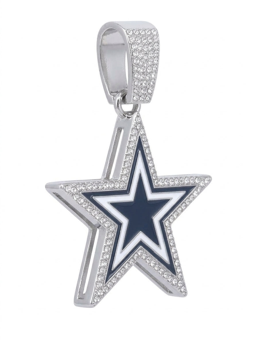 Dallas Cowboys Iced Out Star Pendant – Navy & White Enamel Star Logo with Stone-Set Border | Silver