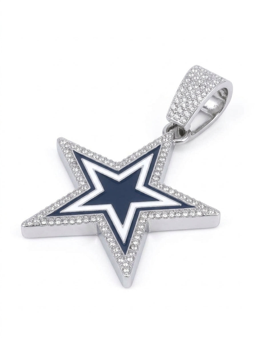 Dallas Cowboys Iced Out Star Pendant – Navy & White Enamel Star Logo with Stone-Set Border | Silver