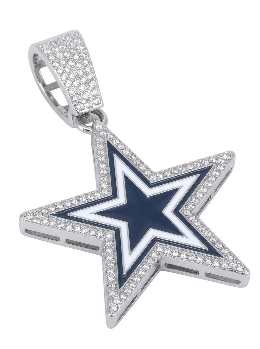 Dallas Cowboys Iced Out Star Pendant – Navy & White Enamel Star Logo with Stone-Set Border | Silver