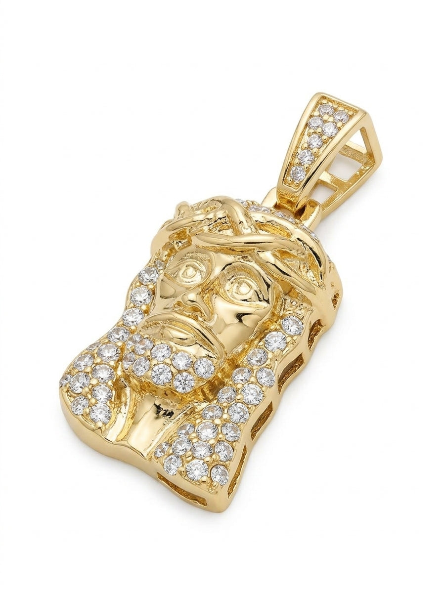 Iced Out Jesus Piece Pendant – Polished Face & Crown of Thorns, Stone-Set Hair & Beard, Religious Jewelry | Silver & Gold, Pendant Only
