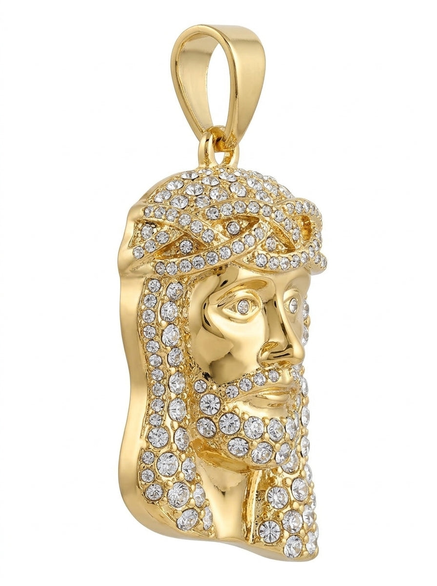 Iced Out Jesus Piece Pendant – Polished Face & Crown of Thorns, Stone-Set Hair & Beard, Religious Jewelry | Silver & Gold, Pendant Only