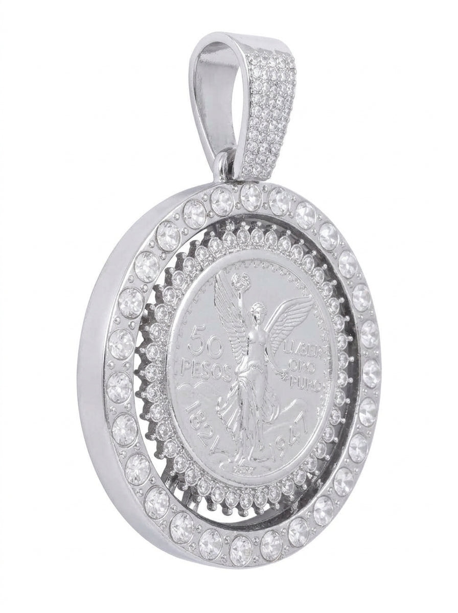Iced Out Centenario 50 Pesos Coin Pendant – Replica Coin in Double Stone-Set Bezel | Silver, Pendant Only