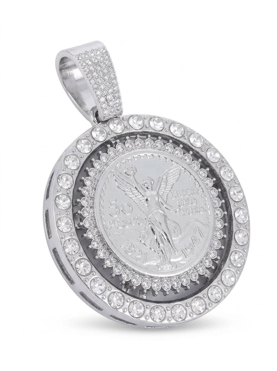 Iced Out Centenario 50 Pesos Coin Pendant – Replica Coin in Double Stone-Set Bezel | Silver, Pendant Only