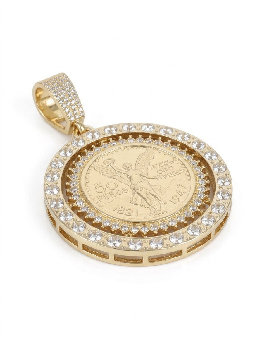 Iced Out Centenario 50 Pesos Coin Pendant – Replica Coin in Double Stone-Set Bezel | Silver, Pendant Only
