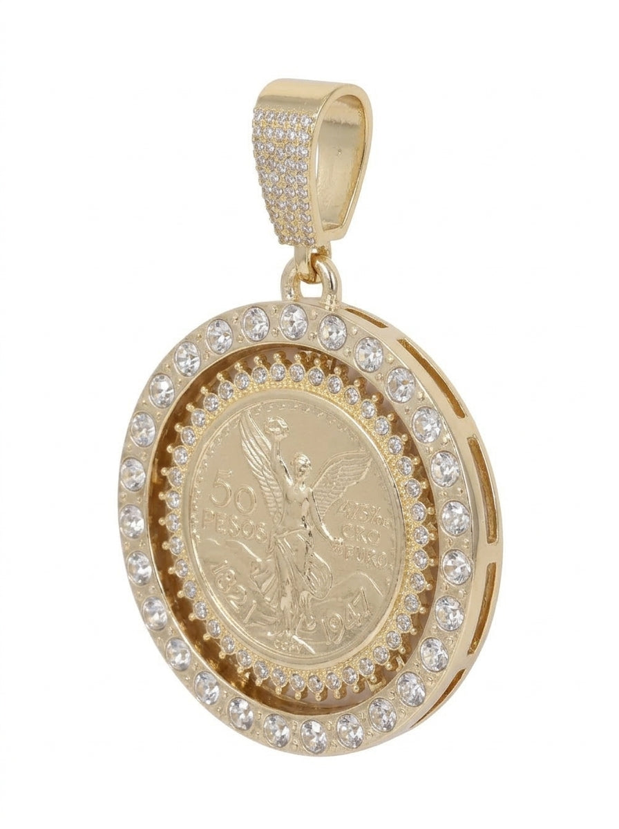 Iced Out Centenario 50 Pesos Coin Pendant – Replica Coin in Double Stone-Set Bezel | Silver, Pendant Only