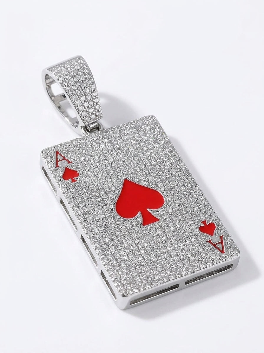 Iced Out Ace of Spades Playing Card Pendant – Red Enamel Spade on Fully Stone-Set Card | Silver & Gold, Pendant Only