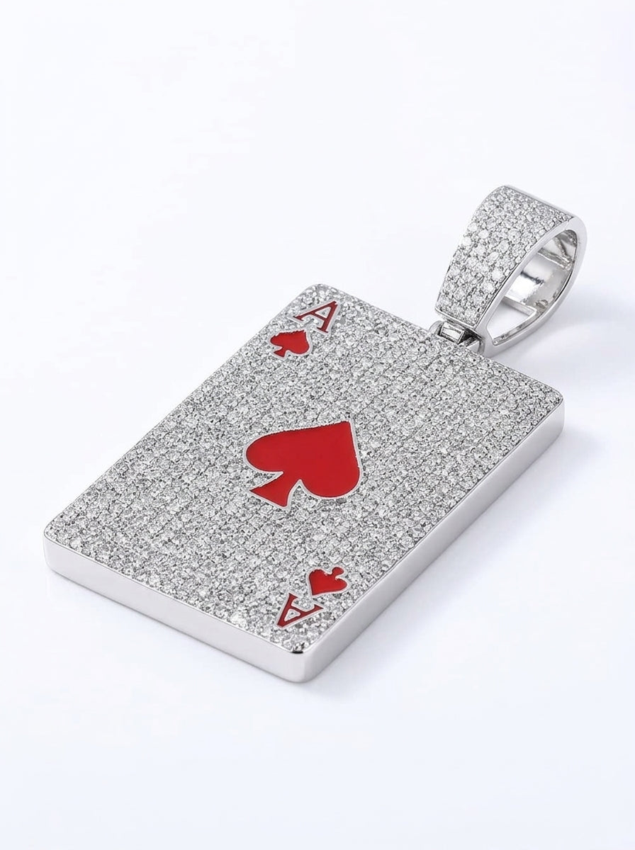 Iced Out Ace of Spades Playing Card Pendant – Red Enamel Spade on Fully Stone-Set Card | Silver & Gold, Pendant Only