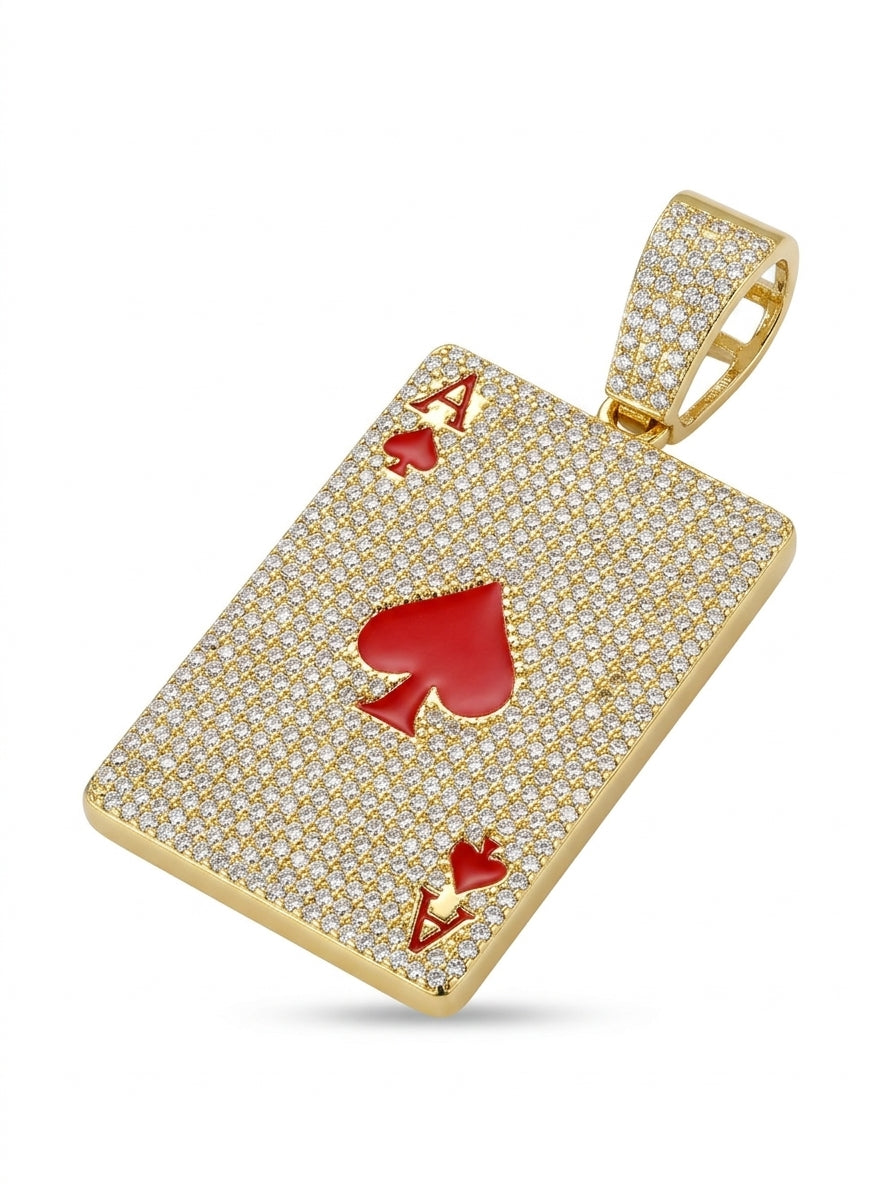 Iced Out Ace of Spades Playing Card Pendant – Red Enamel Spade on Fully Stone-Set Card | Silver & Gold, Pendant Only