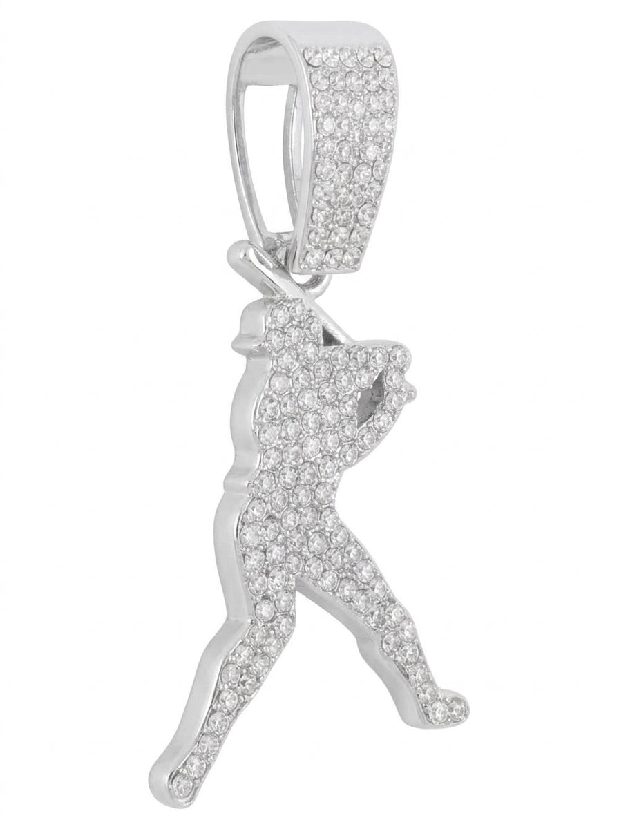 Iced Out Baseball Player Pendant – Stone-Set Batter Silhouette with Polished Bat | Gold, Pendant Only