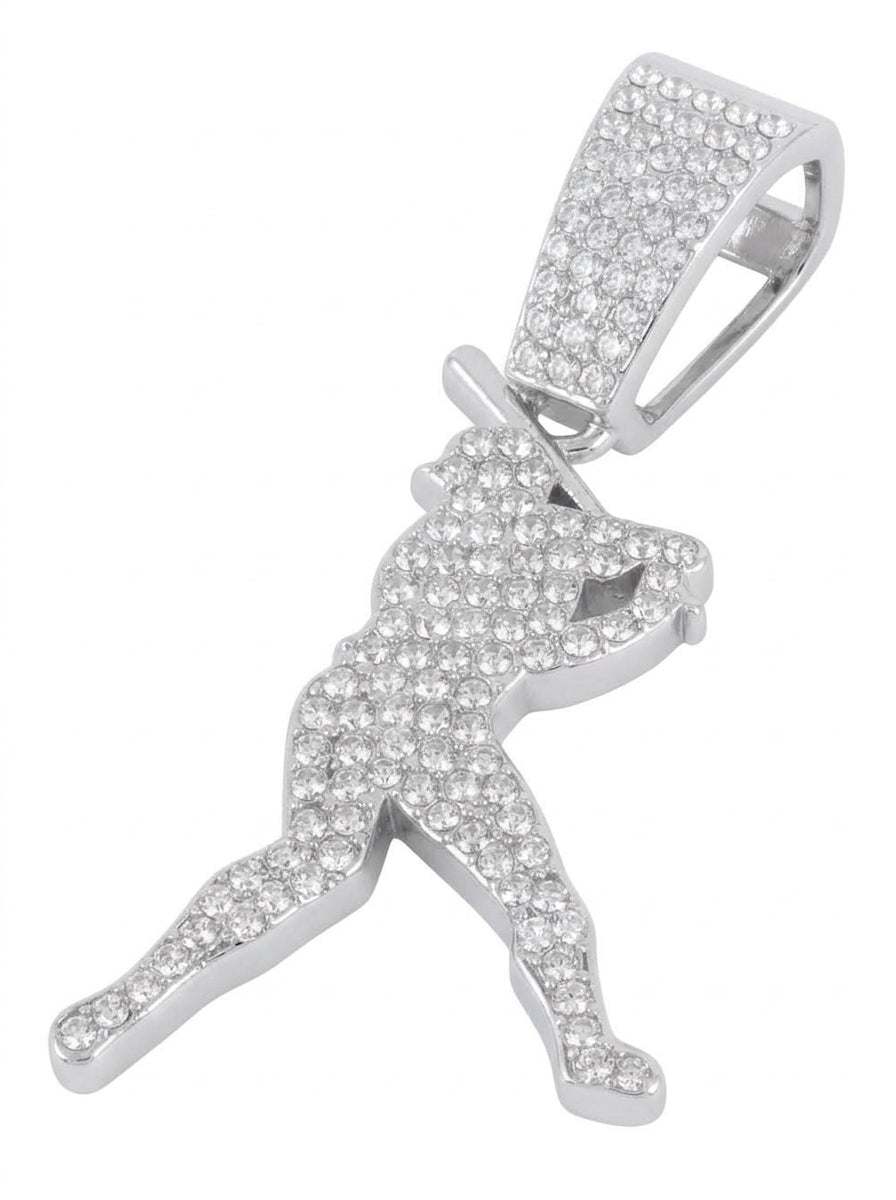 Iced Out Baseball Player Pendant – Stone-Set Batter Silhouette with Polished Bat | Gold, Pendant Only