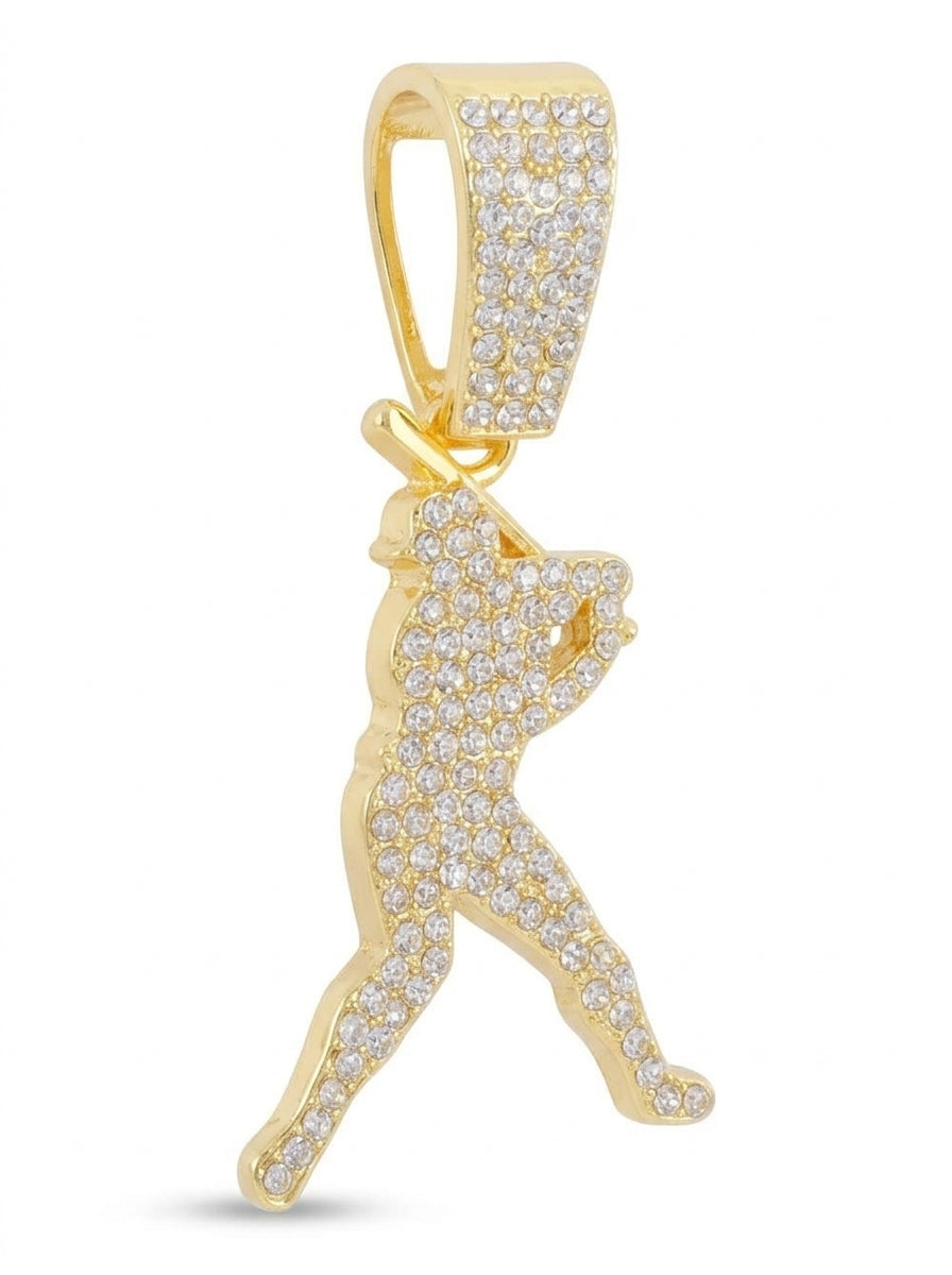 Iced Out Baseball Player Pendant – Stone-Set Batter Silhouette with Polished Bat | Gold, Pendant Only