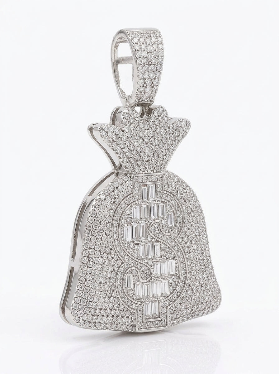 Iced Out Money Bag Pendant – Baguette-Stone Dollar Sign on Pavé Cinched Bag | Gold, Pendant Only