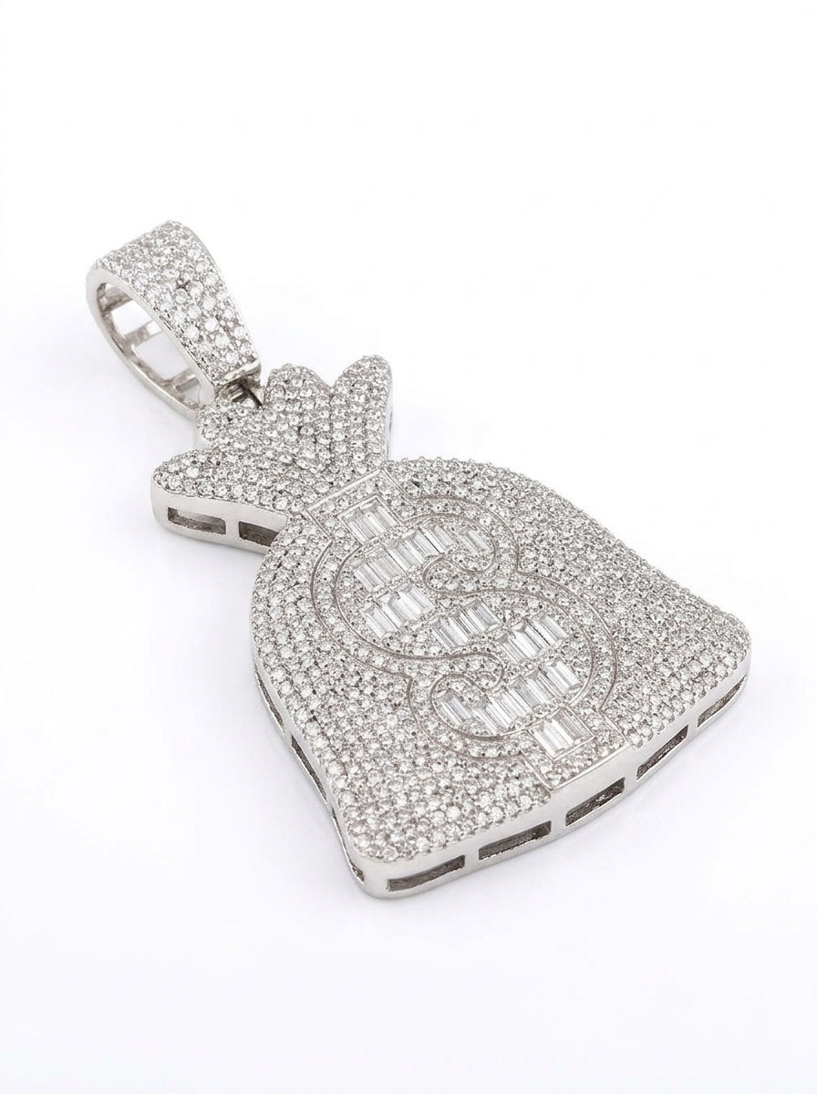 Iced Out Money Bag Pendant – Baguette-Stone Dollar Sign on Pavé Cinched Bag | Gold, Pendant Only
