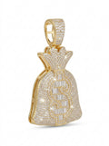 Iced Out Money Bag Pendant – Baguette-Stone Dollar Sign on Pavé Cinched Bag | Gold, Pendant Only