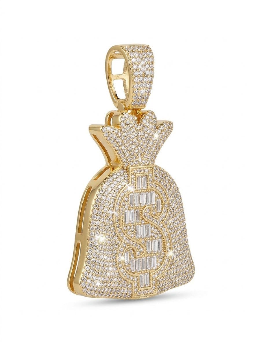 Iced Out Money Bag Pendant – Baguette-Stone Dollar Sign on Pavé Cinched Bag | Gold, Pendant Only