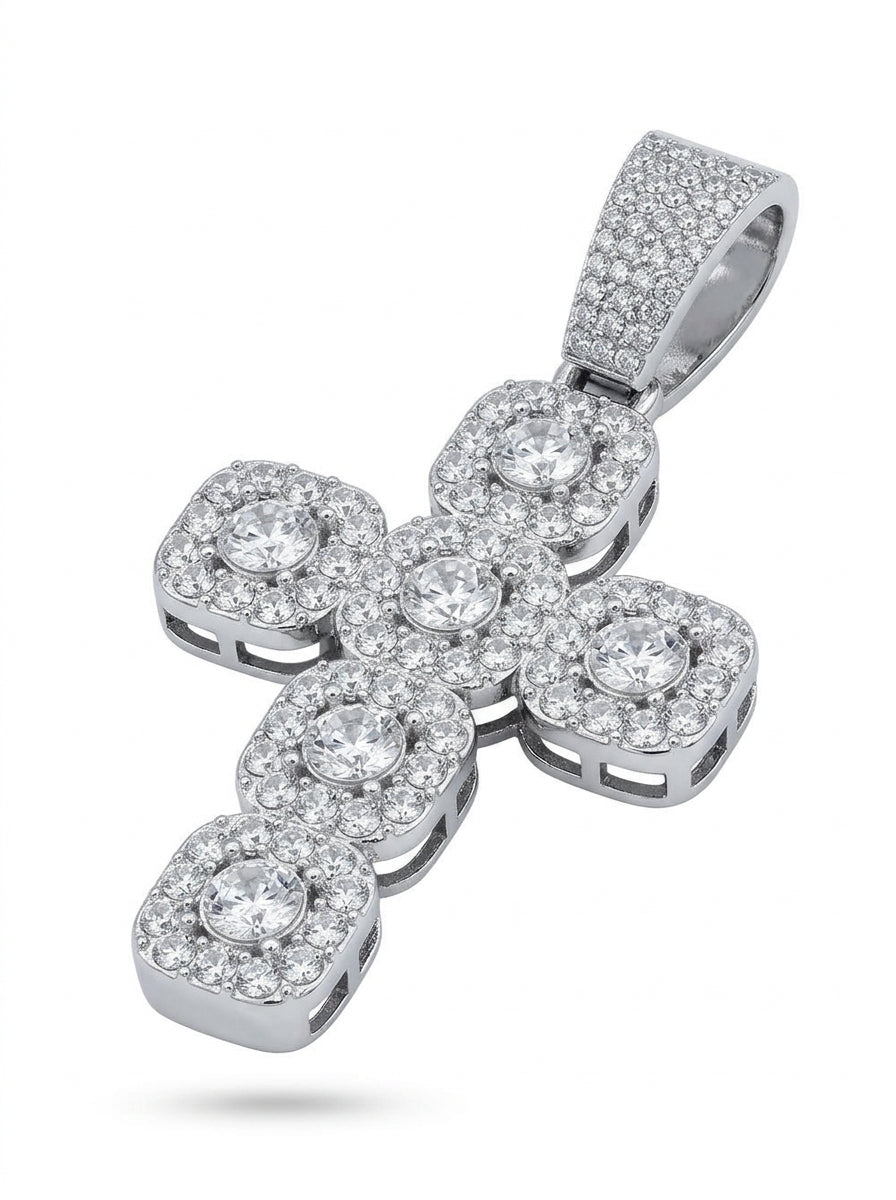 Iced Out Halo Cluster Cross Pendant – Six Round Center Stones in Square Halos, Religious Jewelry | Gold & Silver, Pendant Only