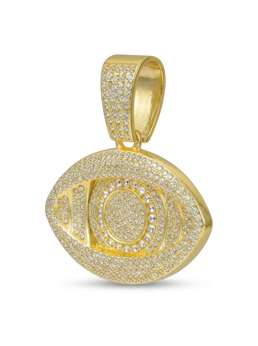 Iced Out Evil Eye Pendant – Almond-Shaped Eye with Square-Stone Iris Ring | Gold or Silver, Pendant Only
