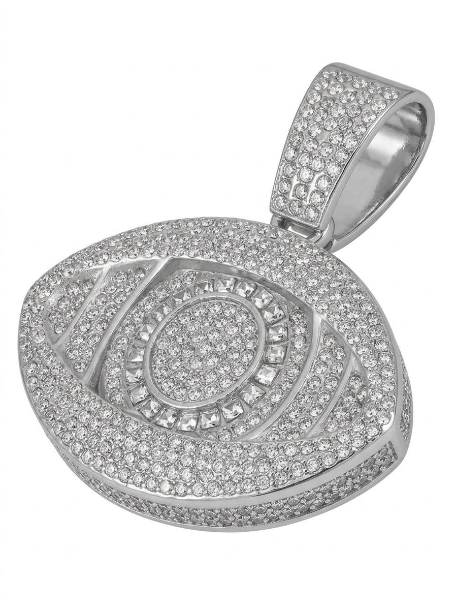 Iced Out Evil Eye Pendant – Almond-Shaped Eye with Square-Stone Iris Ring | Gold or Silver, Pendant Only