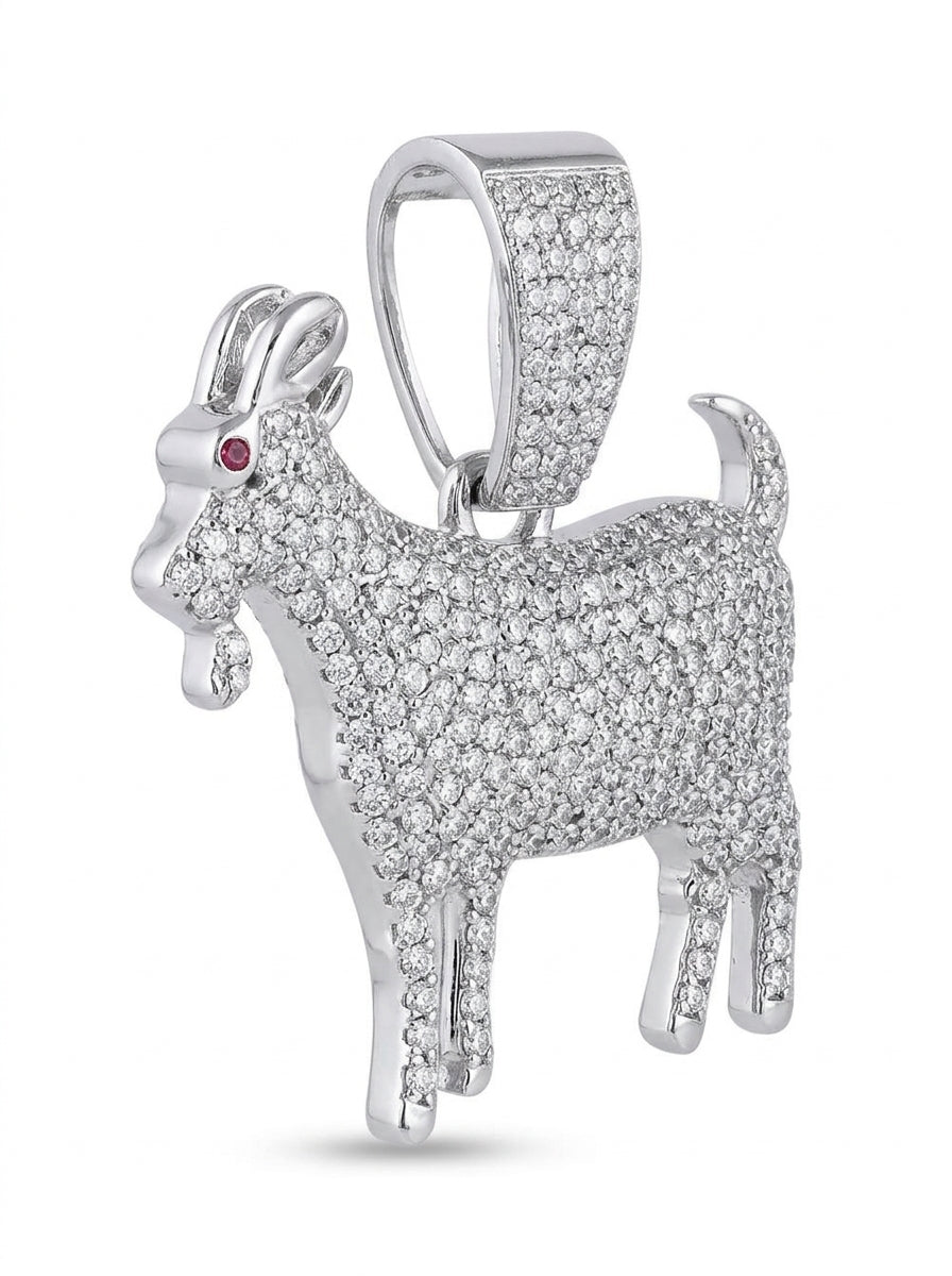 Iced Out Goat Pendant – Stone-Set Standing Goat with Polished Horns, Hooves & Red Eye | Gold or Silver, Pendant Only
