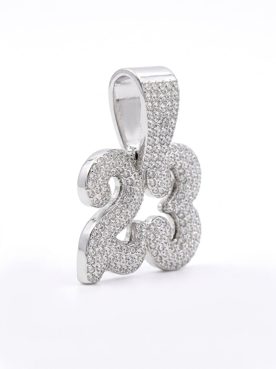 Iced Out Number 23 Pendant – Curly Bubble-Style Numerals, Fully Stone-Set | Silver or Gold, Pendant Only