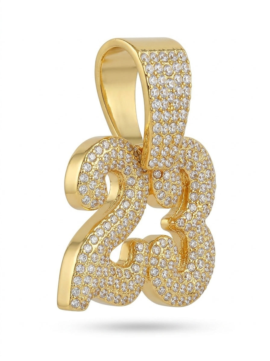 Iced Out Number 23 Pendant – Curly Bubble-Style Numerals, Fully Stone-Set | Silver or Gold, Pendant Only