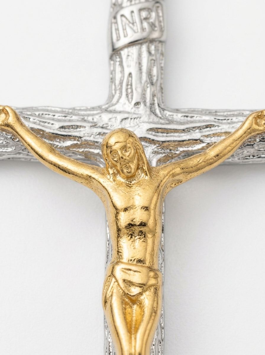 Crucifix Cross Pendant – Gold-Tone Christ Figure on Silver Wood-Grain Textured Cross, Religious Jewelry | 42 x 22mm