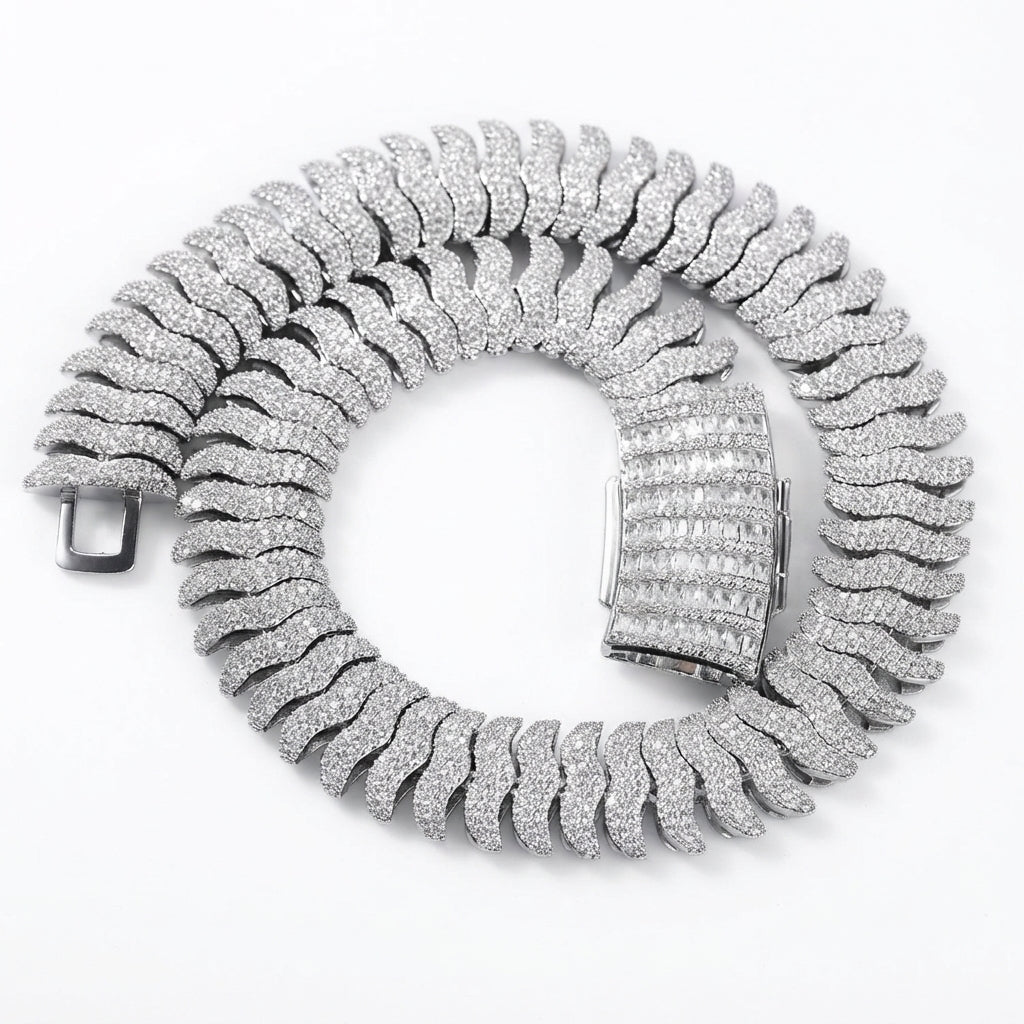 Iced Out Wave Link Chain Necklace – Stacked S-Curve Links with Baguette-Stone Box Clasp | Gold or Silver