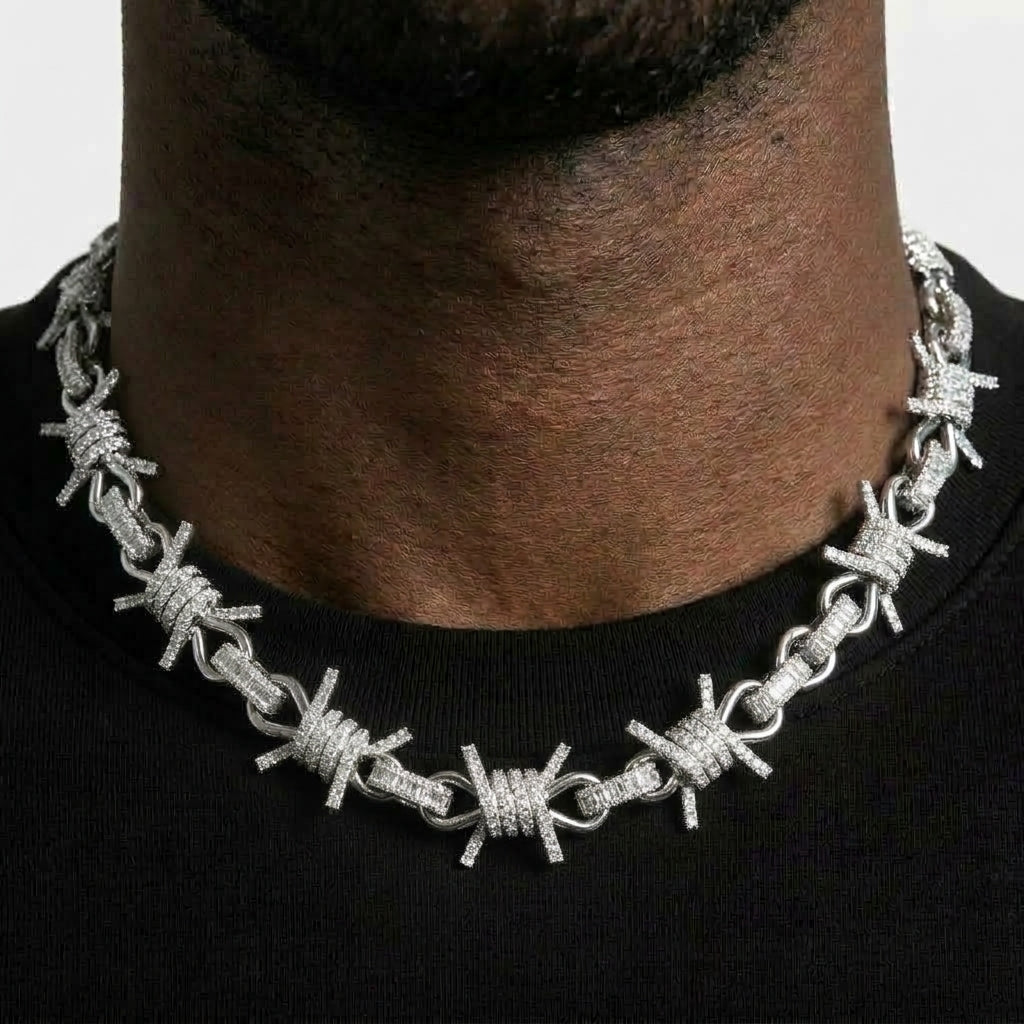 Barbed Wire Chain Necklace – Iced Out Clear Stone Thorn Link Design, Silver & Gold