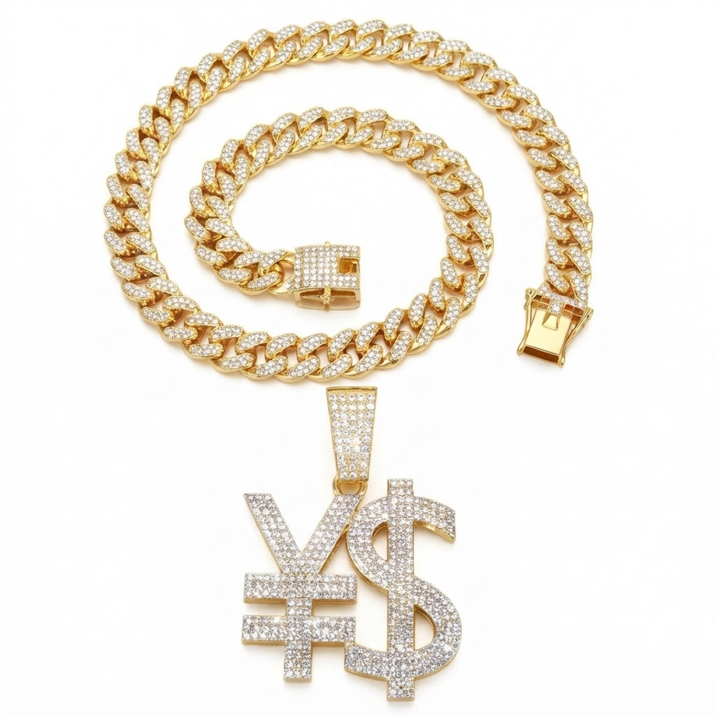Iced Out Yen & Dollar Sign Pendant Necklace on Cuban Link Chain – Joined Currency Symbols, Fully Stone-Set | Gold or Silver