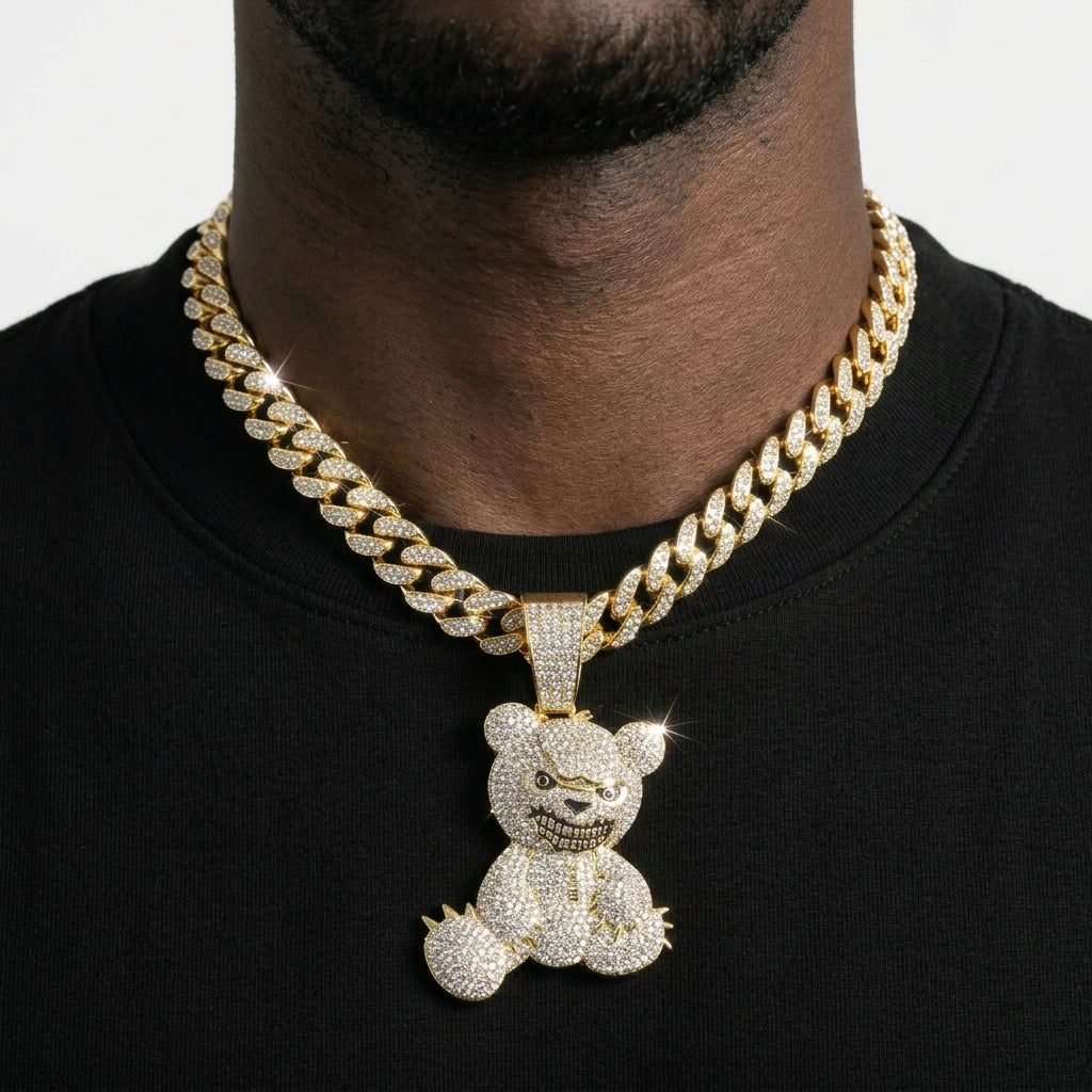 Iced Out Teddy Bear Pendant Necklace – Cuban Link Chain, Gold or Silver