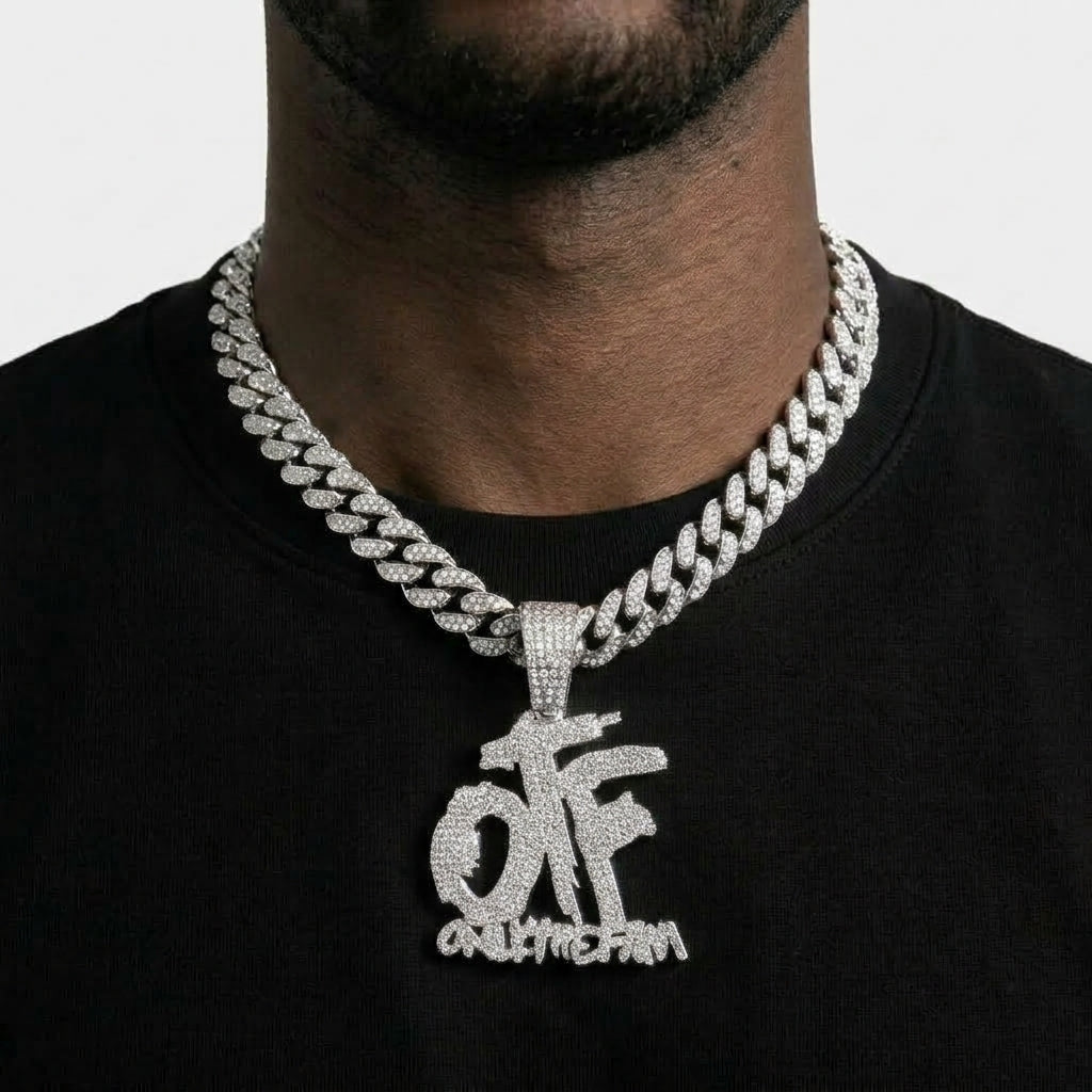 OTF Iced Out Cuban Link Chain Necklace – Only The Family Pendant, Gold or Silver