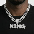 Iced Out KING Pendant Cuban Link Chain – Bubble Letter Necklace with Stone-Set Box Clasp | Silver or Gold