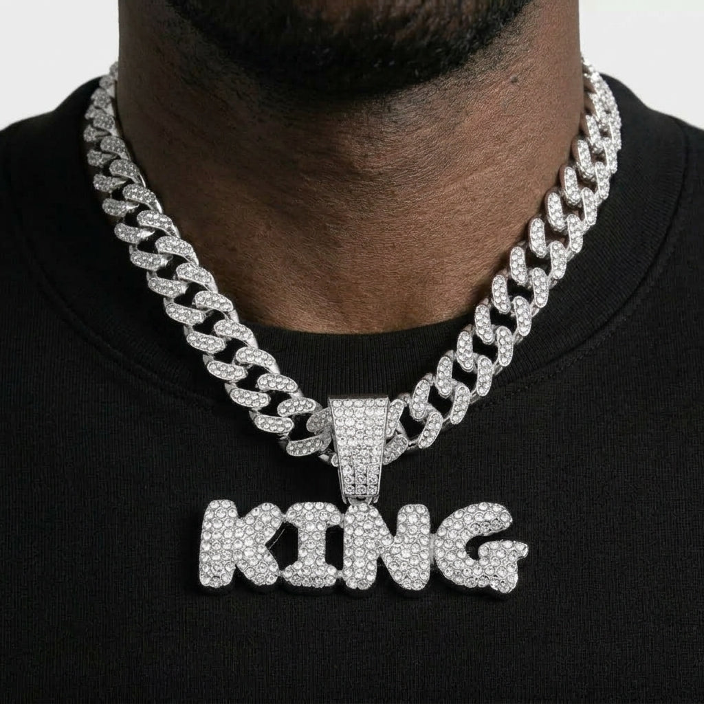 Iced Out KING Pendant Cuban Link Chain – Bubble Letter Necklace with Stone-Set Box Clasp | Silver or Gold