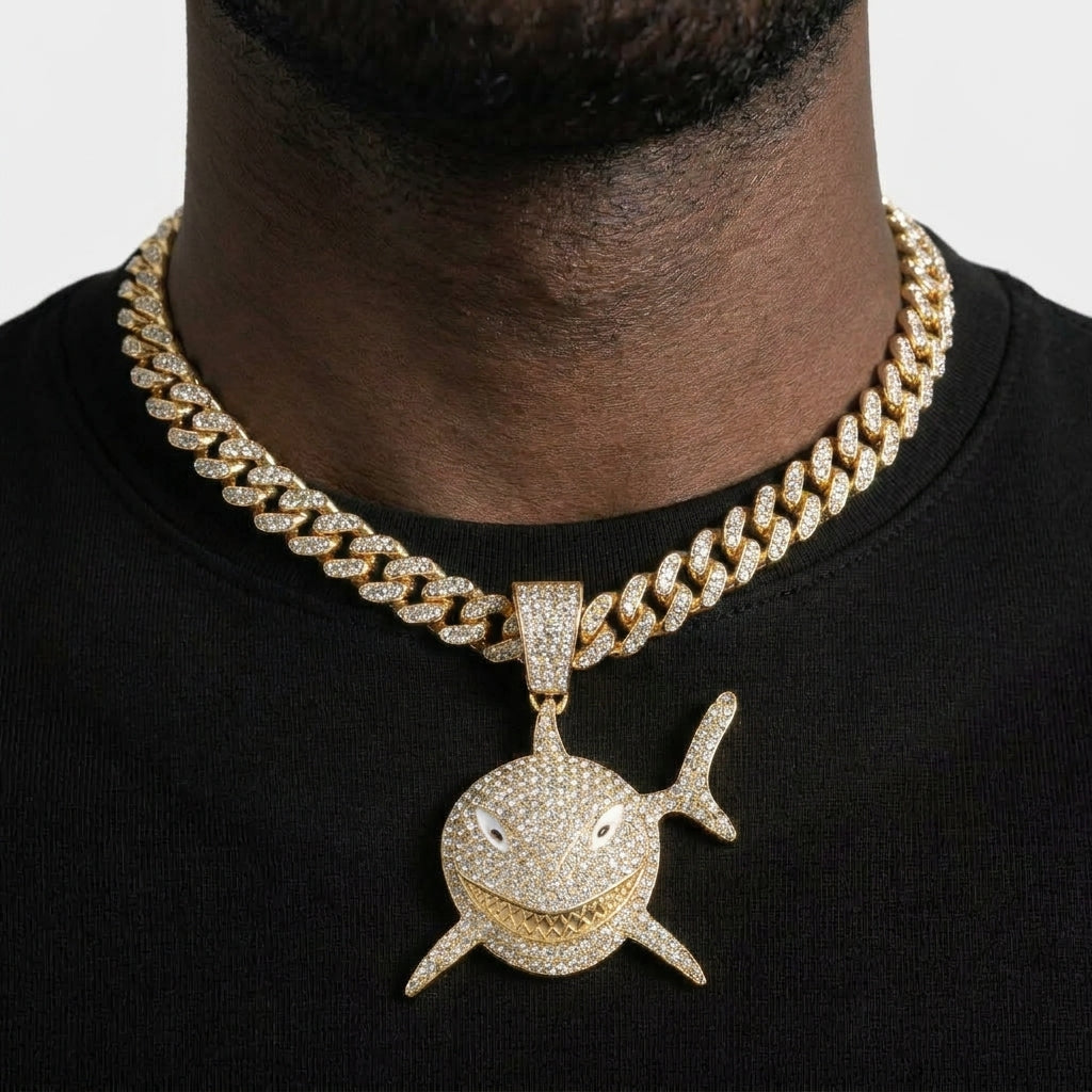 Iced Out Shark Pendant Necklace on Cuban Link Chain – Grinning Shark with Enamel Eyes & Stone-Set Fins | Silver or Gold