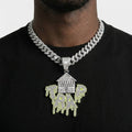 Iced Out Trap House Pendant Necklace on Cuban Link Chain – Baguette-Stone House & Green Drip TRAP Letters | Silver or Gold